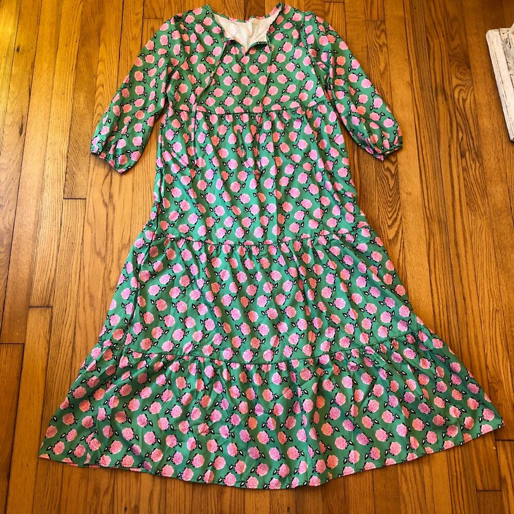 Walmart NWOT Pink and Green Tiered Floral Midi Dress - Size S